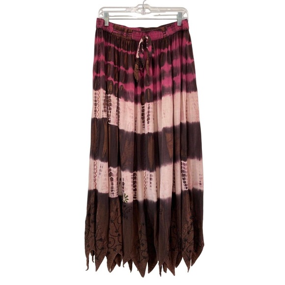 EARTHBOUND Dresses & Skirts - Earthbound Asymmetrical Hem Flowy Tie Dye Boho Maxi Skirt Embroidered Size Large